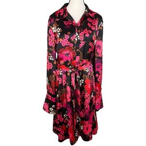Julie Brown Satin Floral Shift Dress Women’s Size 10 Midi Belted Colorful